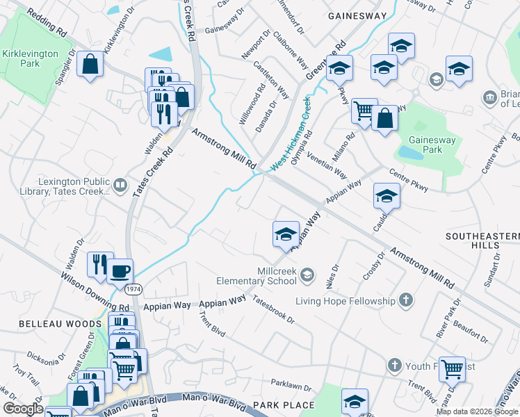 map of restaurants, bars, coffee shops, grocery stores, and more near 1036 Millcreek Court in Lexington