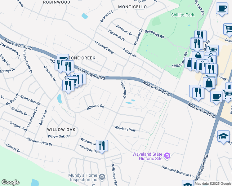 map of restaurants, bars, coffee shops, grocery stores, and more near 3617 Mossbridge Way in Lexington
