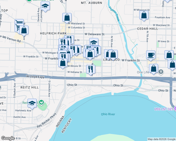 map of restaurants, bars, coffee shops, grocery stores, and more near 19 North 11th Avenue in Evansville