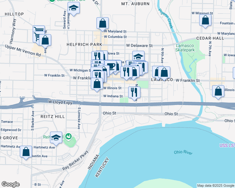 map of restaurants, bars, coffee shops, grocery stores, and more near 2224 W Indiana St in Evansville