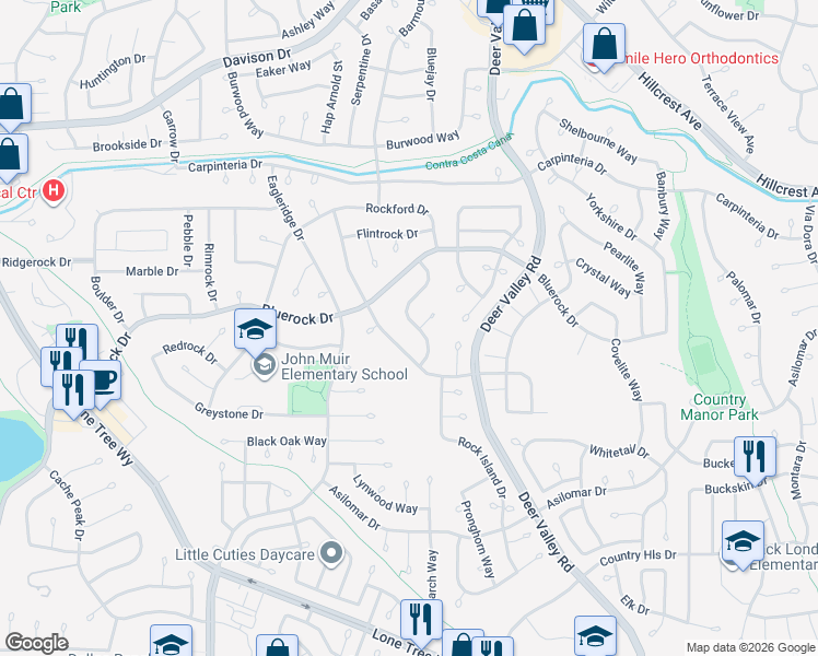 map of restaurants, bars, coffee shops, grocery stores, and more near 4204 Limestone Drive in Antioch