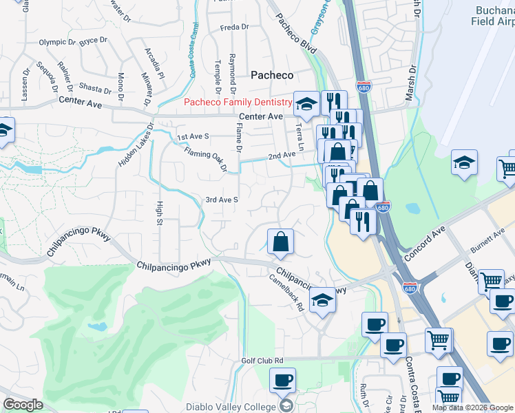 map of restaurants, bars, coffee shops, grocery stores, and more near 851 Camelback Place in Pleasant Hill