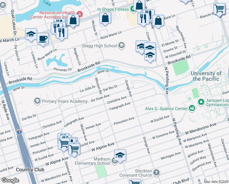 map of restaurants, bars, coffee shops, grocery stores, and more near 1805 De Ovan Avenue in Stockton