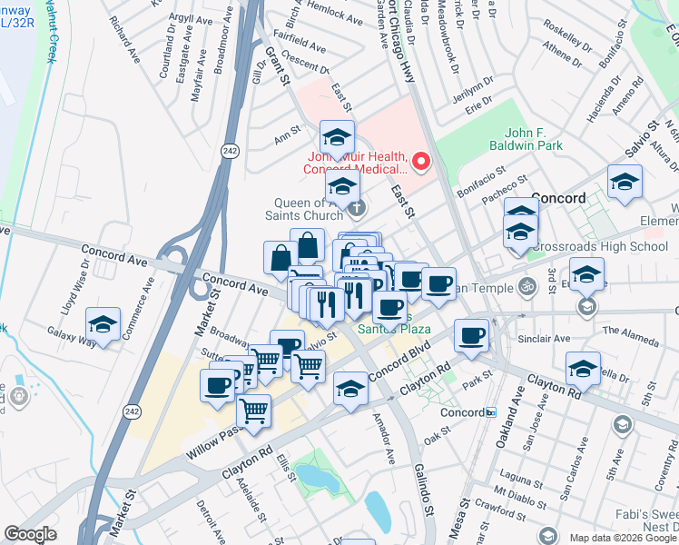 map of restaurants, bars, coffee shops, grocery stores, and more near 2054 Bonifacio Street in Concord