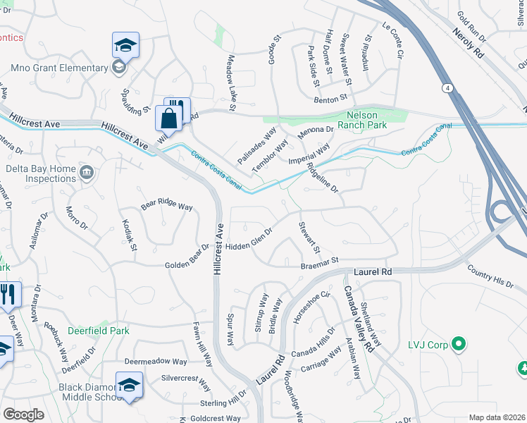 map of restaurants, bars, coffee shops, grocery stores, and more near 4586 Donegal Way in Antioch