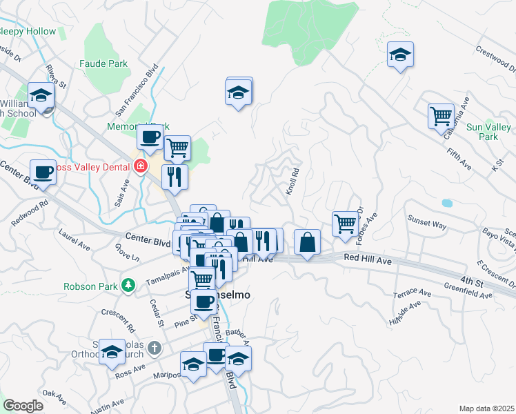 map of restaurants, bars, coffee shops, grocery stores, and more near 43 Millbrae Avenue in San Anselmo