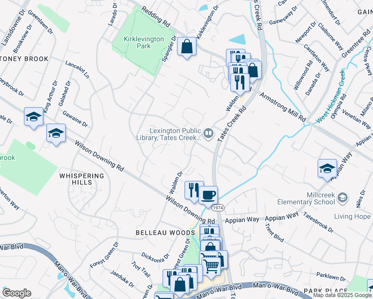 map of restaurants, bars, coffee shops, grocery stores, and more near 535 Big Bear Lane in Lexington