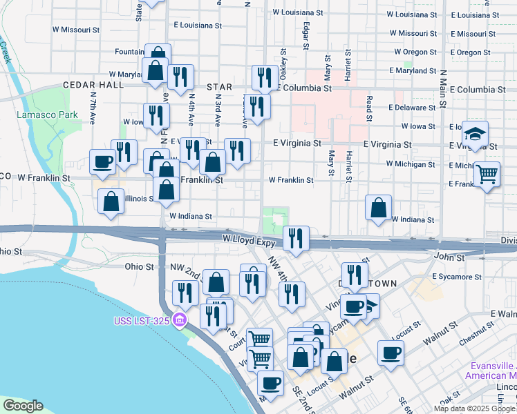 map of restaurants, bars, coffee shops, grocery stores, and more near 821 West Indiana Street in Evansville