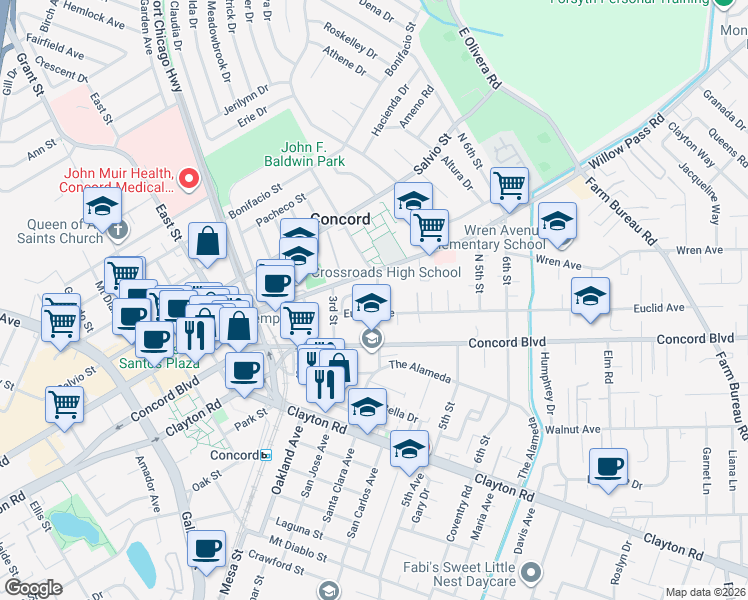 map of restaurants, bars, coffee shops, grocery stores, and more near 1861 Parkside Drive in Concord