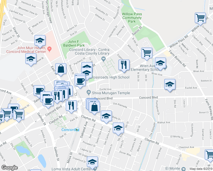map of restaurants, bars, coffee shops, grocery stores, and more near 2850 Jefferson Lane in Concord