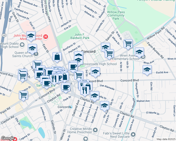 map of restaurants, bars, coffee shops, grocery stores, and more near 1858 3rd Street in Concord