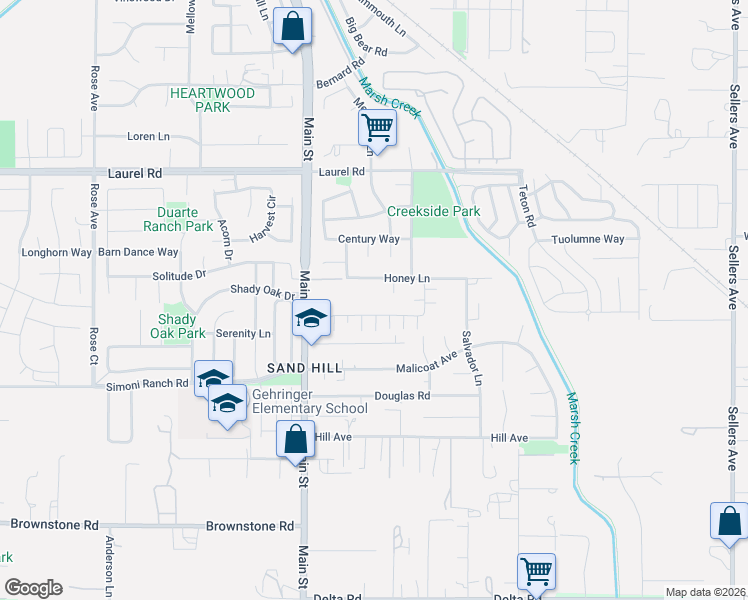 map of restaurants, bars, coffee shops, grocery stores, and more near 209 Honey Lane in Oakley