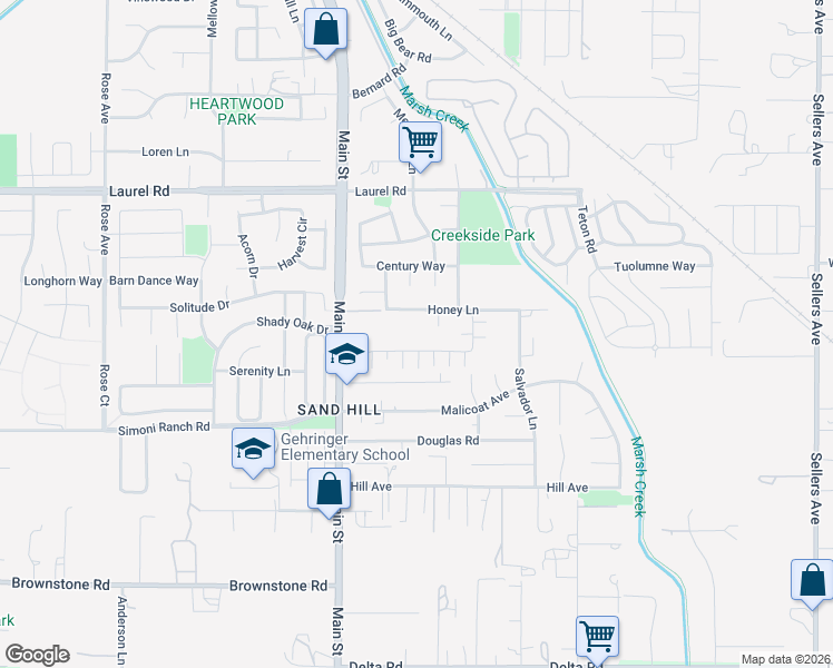 map of restaurants, bars, coffee shops, grocery stores, and more near 209 Honey Lane in Oakley