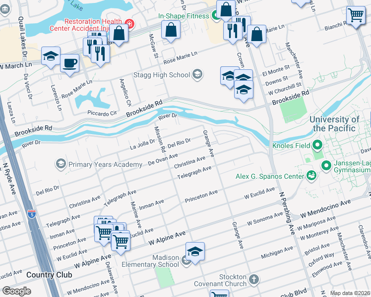 map of restaurants, bars, coffee shops, grocery stores, and more near 1805 De Ovan Avenue in Stockton