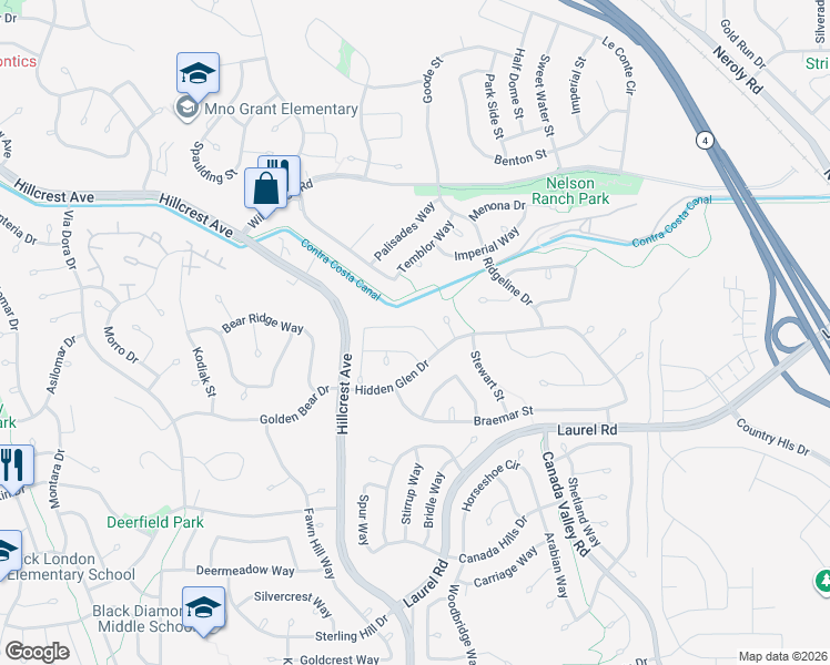 map of restaurants, bars, coffee shops, grocery stores, and more near 4527 Hidden Glen Drive in Antioch