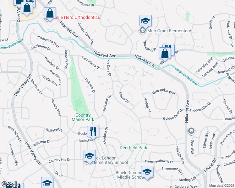 map of restaurants, bars, coffee shops, grocery stores, and more near 2845 Morro Drive in Antioch