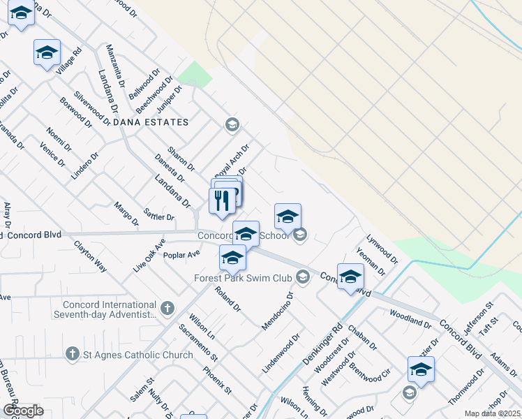 map of restaurants, bars, coffee shops, grocery stores, and more near 1722 Sapling Court in Concord