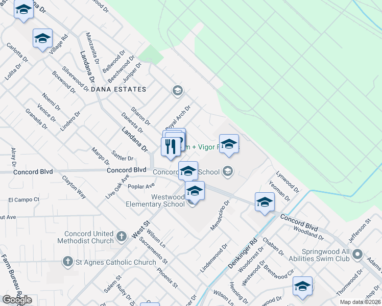 map of restaurants, bars, coffee shops, grocery stores, and more near 1722 Sapling Court in Concord