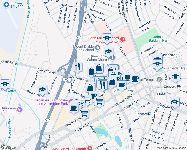 map of restaurants, bars, coffee shops, grocery stores, and more near 1965 Bonifacio Street in Concord