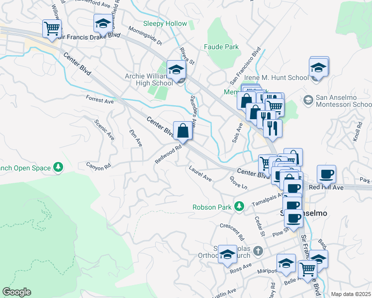 map of restaurants, bars, coffee shops, grocery stores, and more near 20 Olive Avenue in San Anselmo
