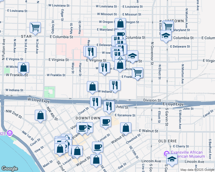 map of restaurants, bars, coffee shops, grocery stores, and more near 35 West Indiana Street in Evansville