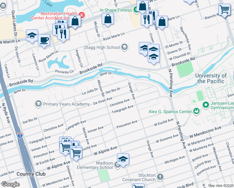 map of restaurants, bars, coffee shops, grocery stores, and more near 1805 De Ovan Avenue in Stockton