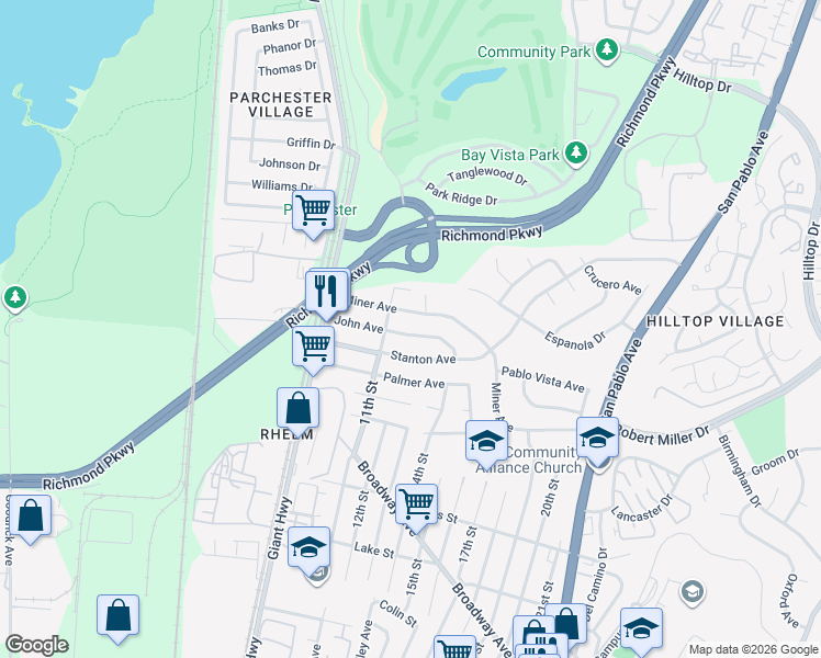 map of restaurants, bars, coffee shops, grocery stores, and more near 1139 John Avenue in San Pablo