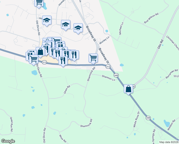 map of restaurants, bars, coffee shops, grocery stores, and more near 155 Shamrock Road in Brandenburg