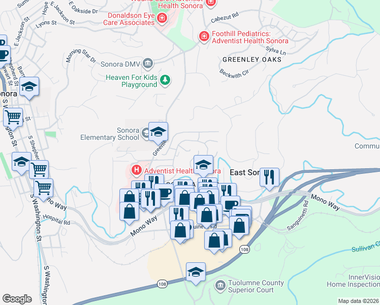 map of restaurants, bars, coffee shops, grocery stores, and more near 19560 River Birch Court in Sonora