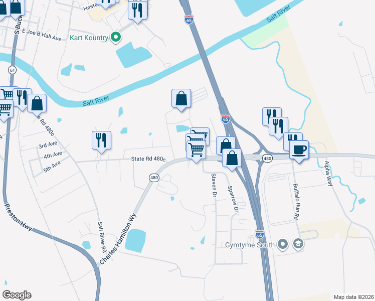 map of restaurants, bars, coffee shops, grocery stores, and more near 610 Cedar Grove Road in Shepherdsville