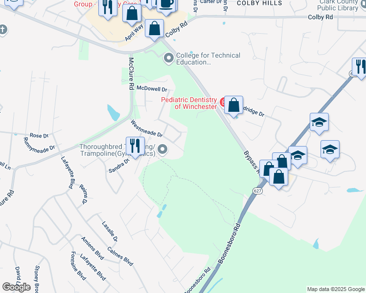map of restaurants, bars, coffee shops, grocery stores, and more near 634 Westmeade Drive in Winchester