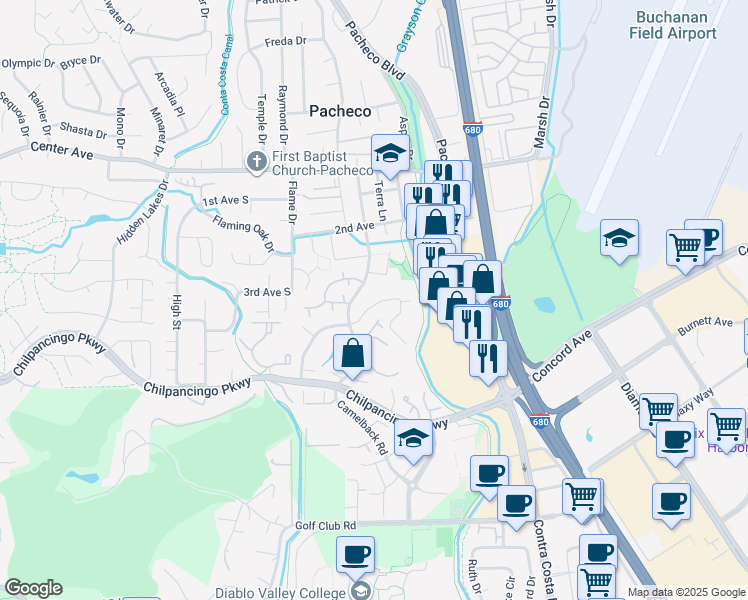 map of restaurants, bars, coffee shops, grocery stores, and more near 280 Scottsdale Road in Pleasant Hill