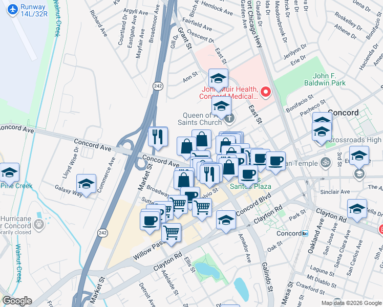 map of restaurants, bars, coffee shops, grocery stores, and more near 1971 Bonifacio Street in Concord