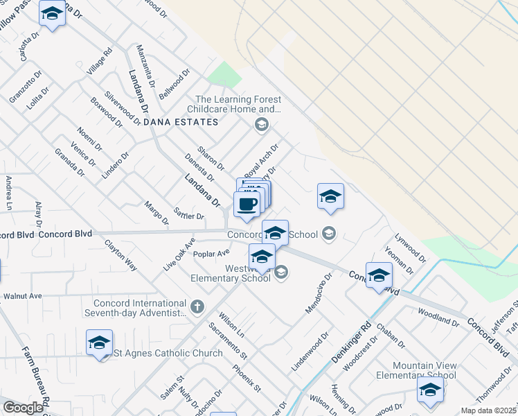 map of restaurants, bars, coffee shops, grocery stores, and more near 1735 Sapling Court in Concord