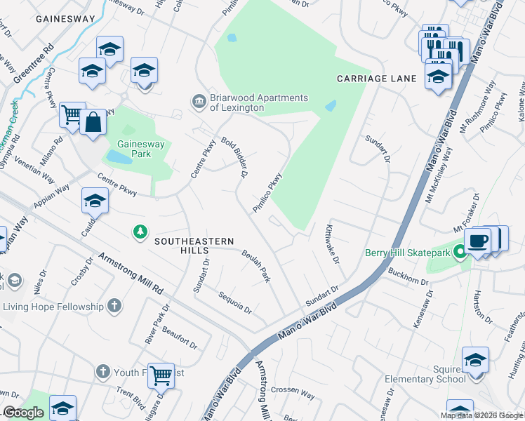 map of restaurants, bars, coffee shops, grocery stores, and more near 3604 Bold Bidder Drive in Lexington