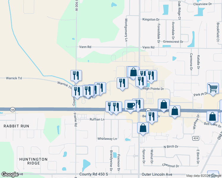 map of restaurants, bars, coffee shops, grocery stores, and more near 8797 High Pointe Drive in Newburgh
