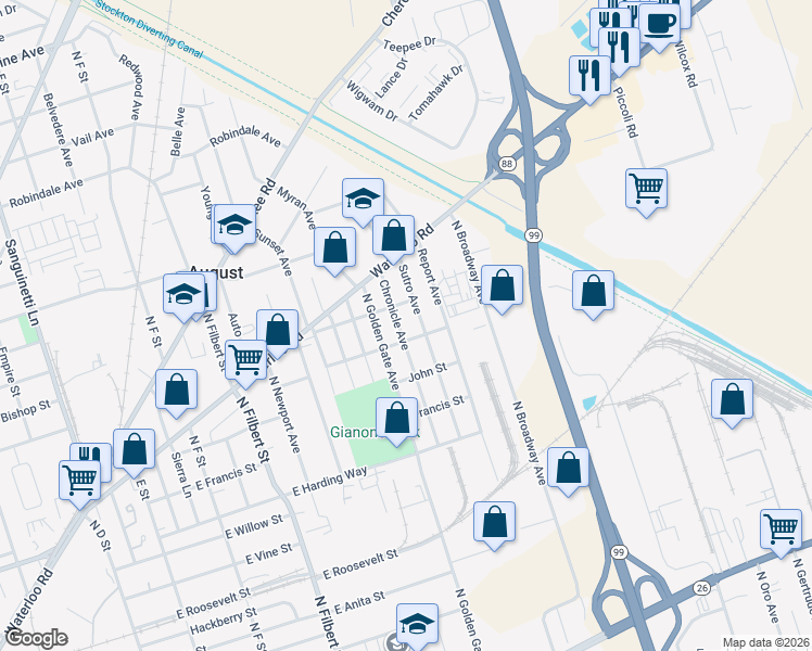 map of restaurants, bars, coffee shops, grocery stores, and more near 1702 North Golden Gate Avenue in Stockton