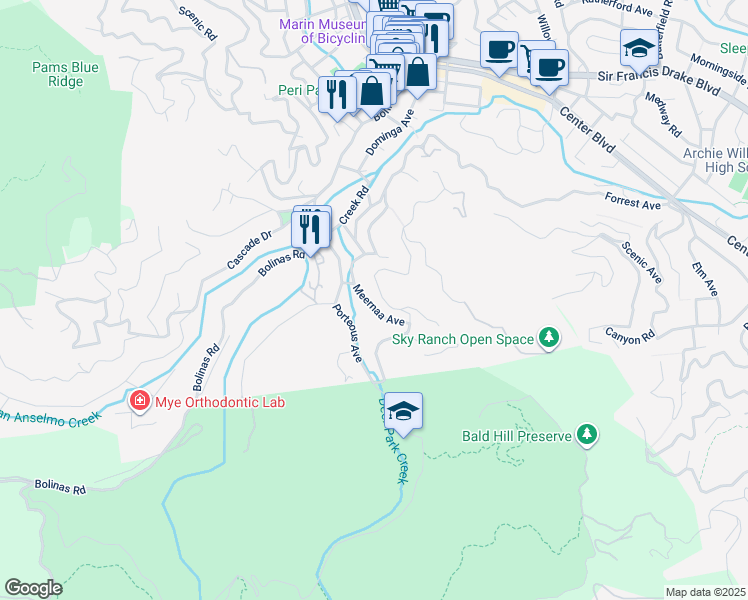 map of restaurants, bars, coffee shops, grocery stores, and more near 91 Meernaa Avenue in Fairfax