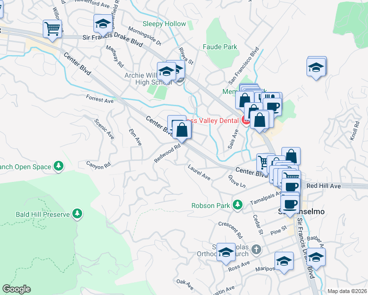 map of restaurants, bars, coffee shops, grocery stores, and more near 20 Olive Avenue in San Anselmo