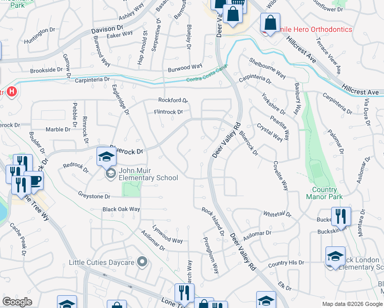 map of restaurants, bars, coffee shops, grocery stores, and more near 909 Rock Court in Antioch