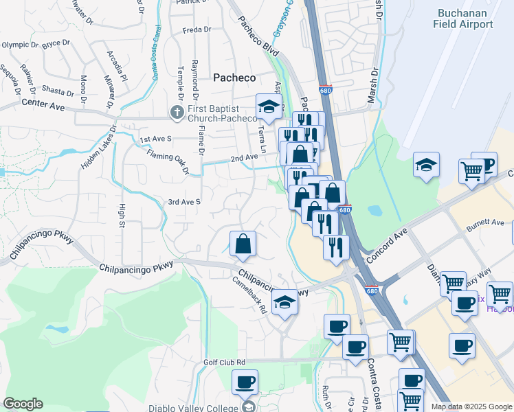 map of restaurants, bars, coffee shops, grocery stores, and more near 280 Scottsdale Road in Pleasant Hill