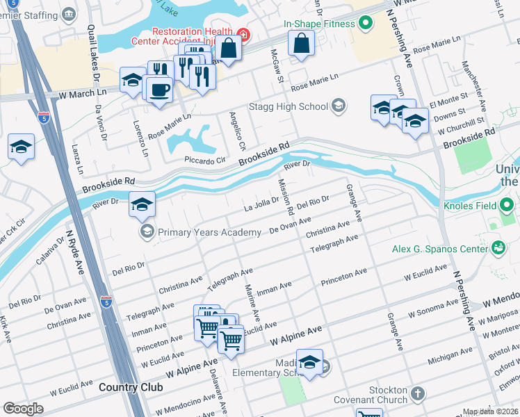 map of restaurants, bars, coffee shops, grocery stores, and more near 2037 Del Rio Drive in Stockton