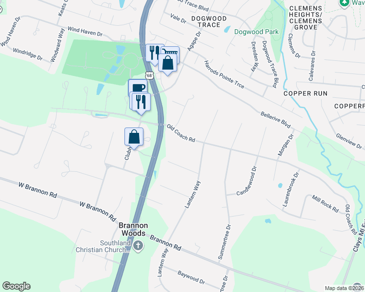 map of restaurants, bars, coffee shops, grocery stores, and more near 68 Lantern Way in Nicholasville