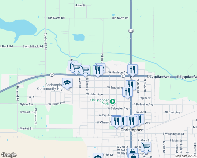 map of restaurants, bars, coffee shops, grocery stores, and more near 799 North Solomon Street in Christopher