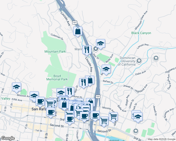 map of restaurants, bars, coffee shops, grocery stores, and more near 21 La Vista Way in San Rafael