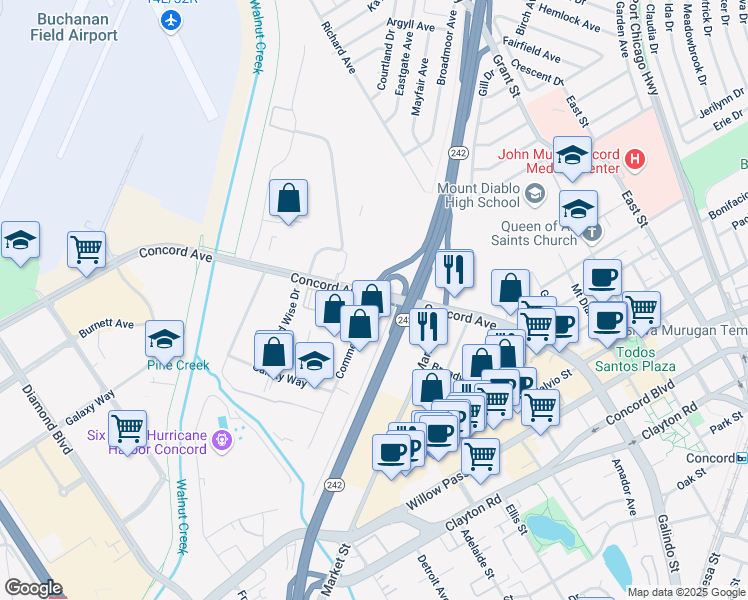 map of restaurants, bars, coffee shops, grocery stores, and more near 2299 Commerce Avenue in Concord