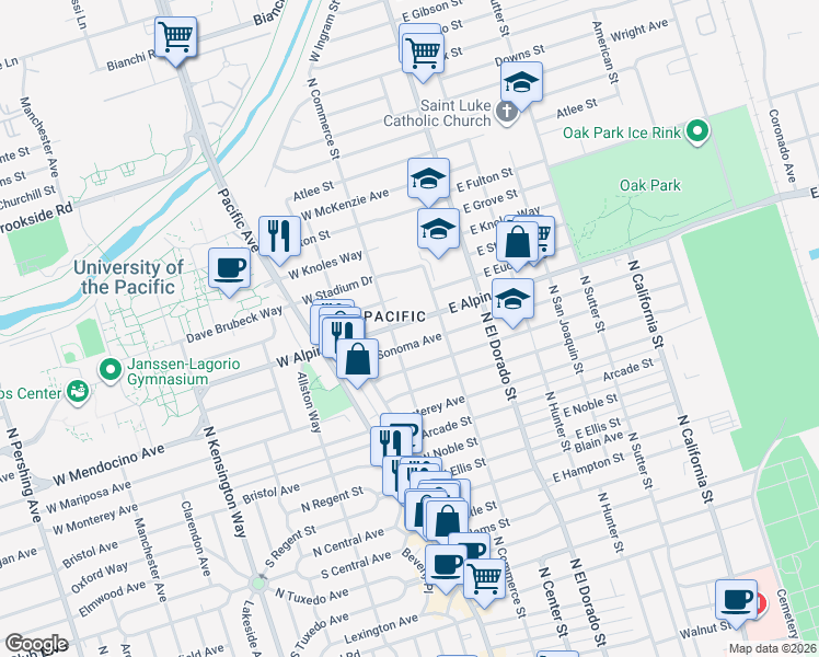 map of restaurants, bars, coffee shops, grocery stores, and more near 58 West Sonoma Avenue in Stockton
