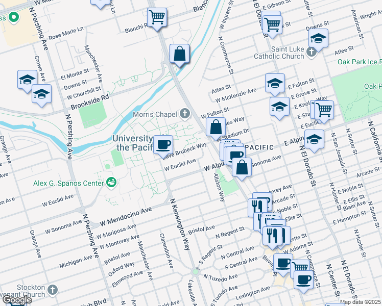 map of restaurants, bars, coffee shops, grocery stores, and more near 3327 Dwight Way in Stockton