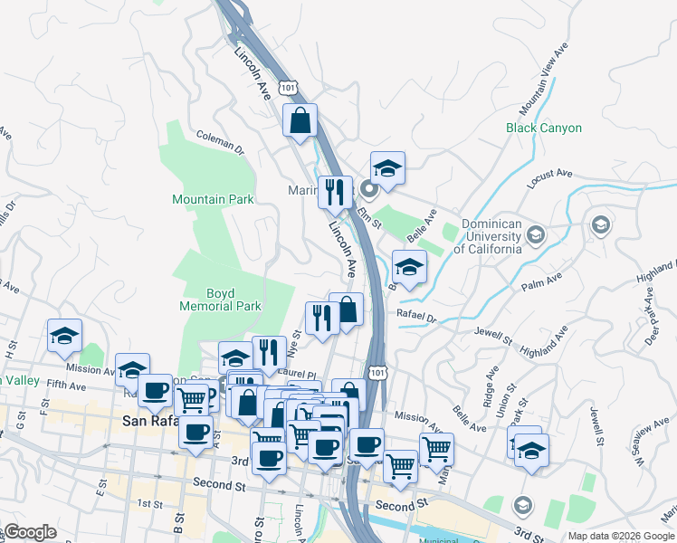 map of restaurants, bars, coffee shops, grocery stores, and more near 21 La Vista Way in San Rafael