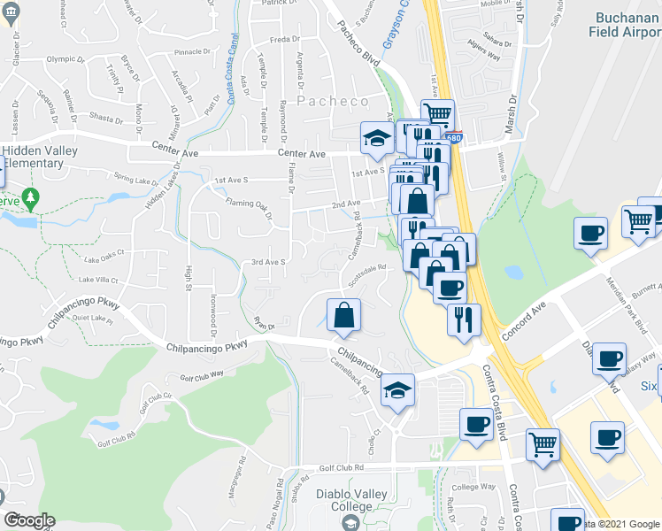 map of restaurants, bars, coffee shops, grocery stores, and more near 8113 Camelback Place in Pleasant Hill